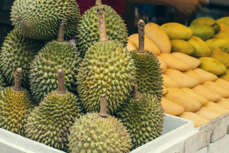 Closeup of fresh durian in the market in Kuala Lumpur, Malaysiaの写真素材