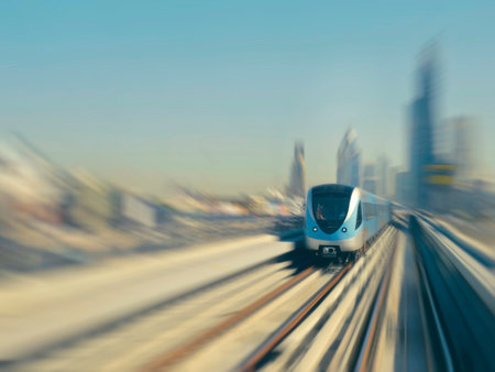 Picture of Dubai monorail and skyscrapers. Picture of subway road and metro train  on downtown city...
