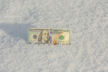 Banknote of a face value of one hundred dollars in the snow. Frozen Accounts. Bankruptcy. Concept