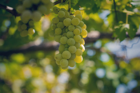 Vineyard in summer. Close up of bunch of grapes and vinesの写真素材