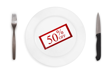 inscription 50% OFF served on empty plate. Special Offer. Sales and discount concept. Isolatedの写真素材