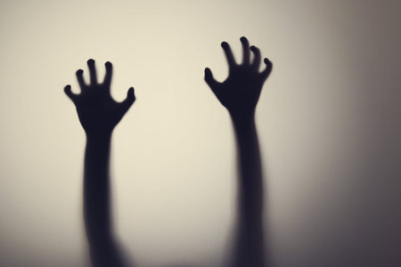 Dark silhouette of woman hands behind glass door. Concept of depression, fear, panic attacks