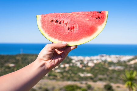 Ripe piece of watermelon in female hands on the background of the sea on a hot summer day. Concept