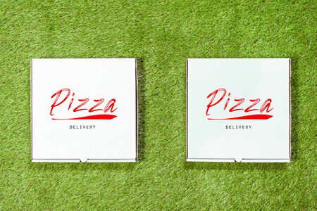 Two white box with an inscription of pizza on the grass. Discount or summer promotion concept. Second pizza for free.Top viewの写真素材