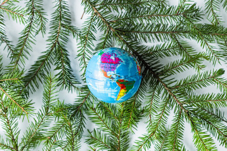 Rubber globe spruce branches, christmas tree texture or background on a white table. New Year. Flat...