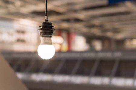 Blurred background of electrical good department in hardware store with lighting fixtures in a...