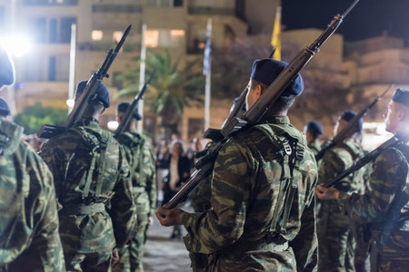 Heraklion, CRETE, GREECE - 28 APRIL 2019: Easter celebration night outside Agios Minas Cathedral. A...