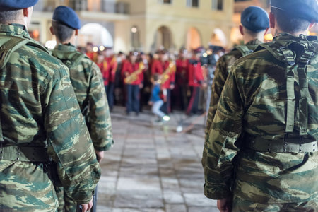 Heraklion, CRETE, GREECE - 28 APRIL 2019: Easter celebration night outside Agios Minas Cathedral. A...