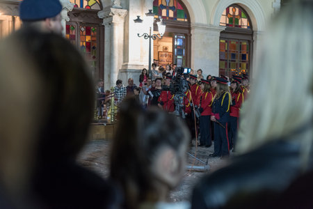 Heraklion, CRETE, GREECE - 28 APRIL 2019: Easter celebration night outside Agios Minas Cathedral. A...