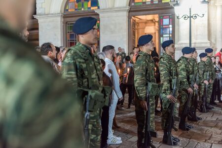 Heraklion, CRETE, GREECE - 28 APRIL 2019: Easter celebration night outside Agios Minas Cathedral. A marching band and military parade in the old town of Heraklion.のeditorial素材