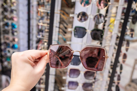 Girl tourist walking in the old souvenir market and and choosing sunglasses. Summer and travel concept.の写真素材
