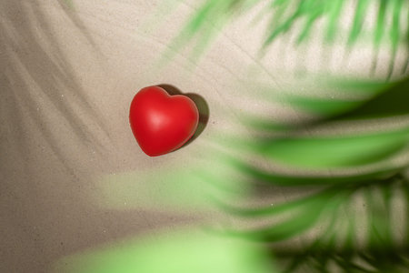 Red heart on sandy tropical beach under branches of palm and shadow palm tree. Valentines day, love....