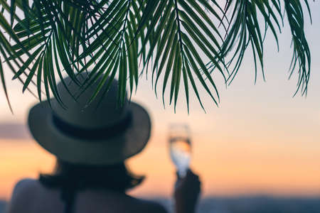 Back view of lonely blurry unfocused girl with glass of champagn in a straw hat against the background of the sea in branches of palm trees.の写真素材