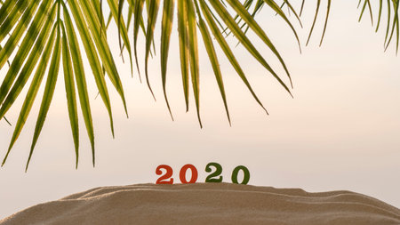 2020 wooden numbers on the sand on the beach in the palm trees branches at sunset pink sky. The...