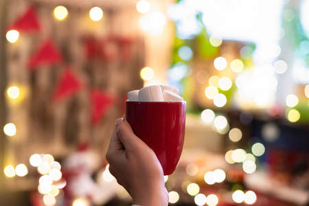 Woman hand with cup of hot cocoa with marshmallows at christmas time opposite small home cocoa bar.の写真素材