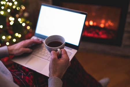 Christmas. Man with laptop sitting near christmas tree and fireplace. Concept of online service in holidays. Back view.の写真素材