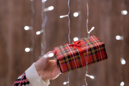 Woman hand holding out gift box through the glowing garland. Christmasの写真素材