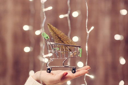 Woman holding out gold christmas tree in a small shopping cart through the glowing garland. Conceptの写真素材