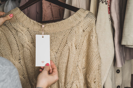 Woman shopper looking on tag choosing sweater from clothes in garment store. Shopping.の写真素材