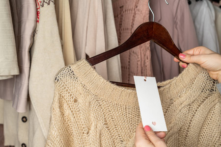 Woman shopper looking on empty tag, template choosing sweater from clothes in garment store....
