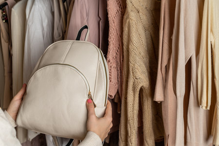Woman choosing small leather backpack, clothes in home cupboard. Season conceptの写真素材