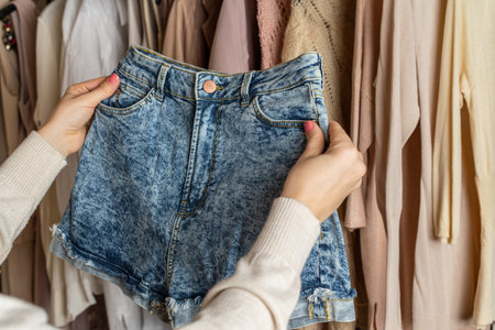Woman choosing summer denim shorts from assortment of female modern summer and autumn clothing in...