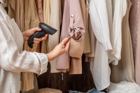 A warehouse woman employee accepts clothes using barcode scanner reading a bar code from price tag of female blouse and adds to the computer base.の写真素材