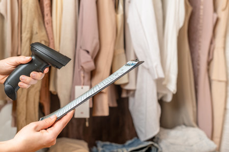 Female entrepreneur holding a clipboard with inventory list, barcode scanner while doing inventory...