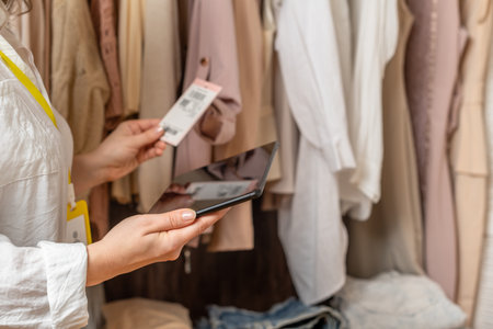 Female entrepreneur holding tablet while doing inventory in her trendy clothing shop