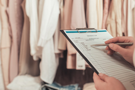 Female entrepreneur holding a clipboard with inventory list while doing inventory in her trendy...