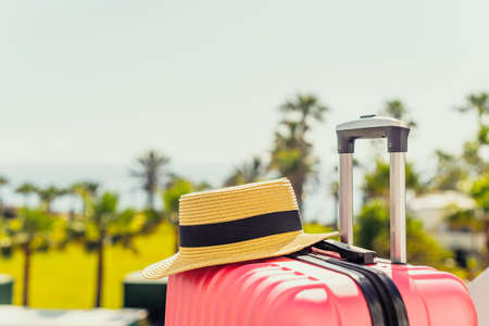 Pink suitcase and beach hat standing on passengers ladder of airplane opposite sea coastline with palm trees. Tourism conceptの写真素材