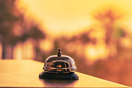 The desk beach cafe, restaurant with a service bell for warn that the dish is ready. Table...