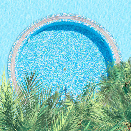 Aerial drone view from above on swimming pool with and palm trees. Tropical summer luxury hotel....