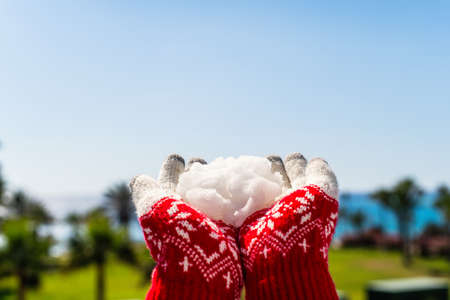 Woman hands in christmas gloves holding snowball opposite sea and palm trees. Winter vacation on beach concept. New yearの写真素材