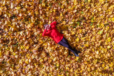 Top view. Beautiful happy young woman in red sweater lying on autumn maple leaves in park and showing heart. Aerial, drone viewの写真素材