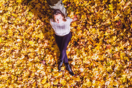 Top view. Beautiful happy young woman sitting under tree and dreaming on the autumn maple leaves in the park. Aerial, drone view. Indian summerの写真素材