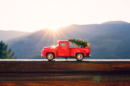 Red retro small car carrying christmas tree in the mountain in the sunbeams of sunset. Winter holiday conceptの写真素材
