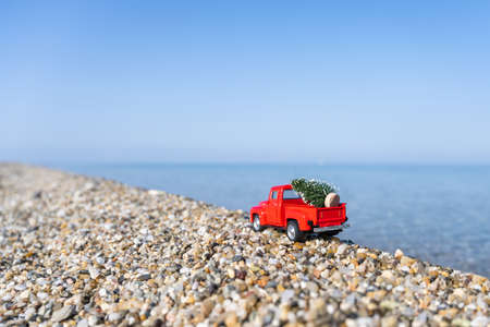 Red retro small car carrying christmas tree on the sea beach shore. Winter holiday conceptの写真素材