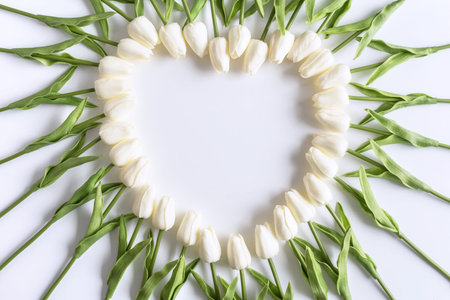 White tulips flowers in shape oh heart on white background. Valentines Day, Mothers day, Birthday, spring. Celebration concept. greeting card template. copy spaceの写真素材