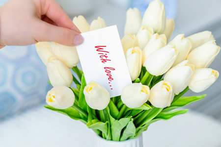 Woman pulling greeting card with love words (text) from bouquet of white tulips flowers in a white vase on the table.の写真素材