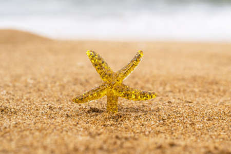 Golden starfish, star on sand beach with sea water background. vacation conceptの写真素材