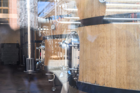 Beer brewing equipment in a brewery. Close-up of a beer tank