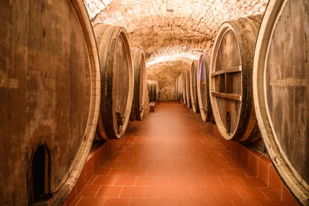 Vintage winery cellar with wine wooden barrelsの写真素材