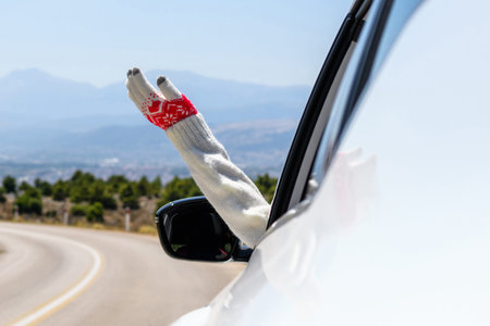 Woman in christmas gloves sticking hand out from the open window driving a car. Trip on the serpentine road in the mountains.の写真素材