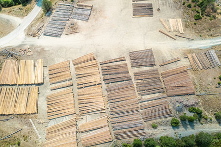 Aerial view of sawmill with timber, chopped a lot of pine tree wood logs. top, drone viewの写真素材