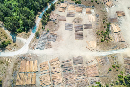 Aerial view of sawmill with timber, chopped a lot of pine tree wood logs. top, drone view