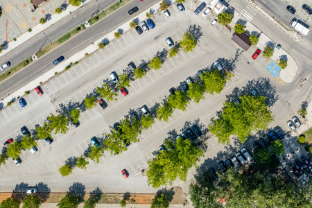 Public city parking for cars among the trees in the park. aerial view. Drone, top viewの写真素材
