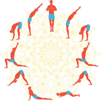 Yoga practice surya namaskar or Salute to the Sun or Sun Salutation. vector drawings of all 12 asanas with mandala on background.のイラスト素材