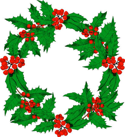 Holiday's postcard. Wreach of hand-drawn, colored holly branches. Vector illustration.のイラスト素材