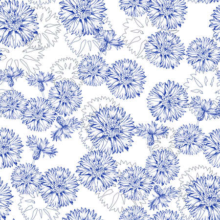 Seamless vector pattern with cornflower in the Toile de Jouy style. Blue flowers isolated on white background. Print design for wallpapers, textile, fabric, wrapping gift, ceramic tilesの写真素材